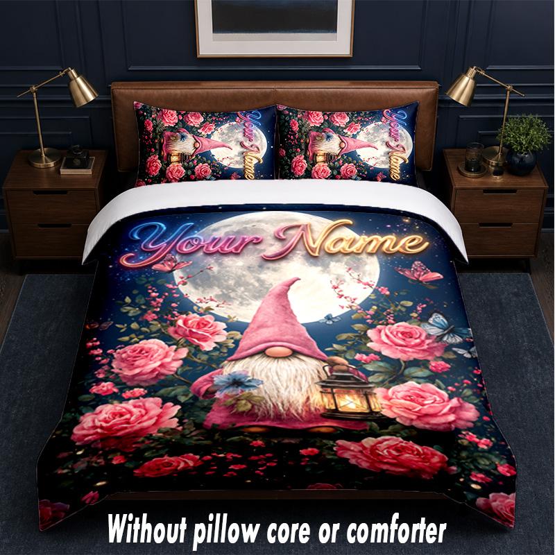 Gnome Theme Custom Text Or Name 3Pcs Bedding Set,1 Flat Sheet & 2 Pillowcases Personalized Home Bedding