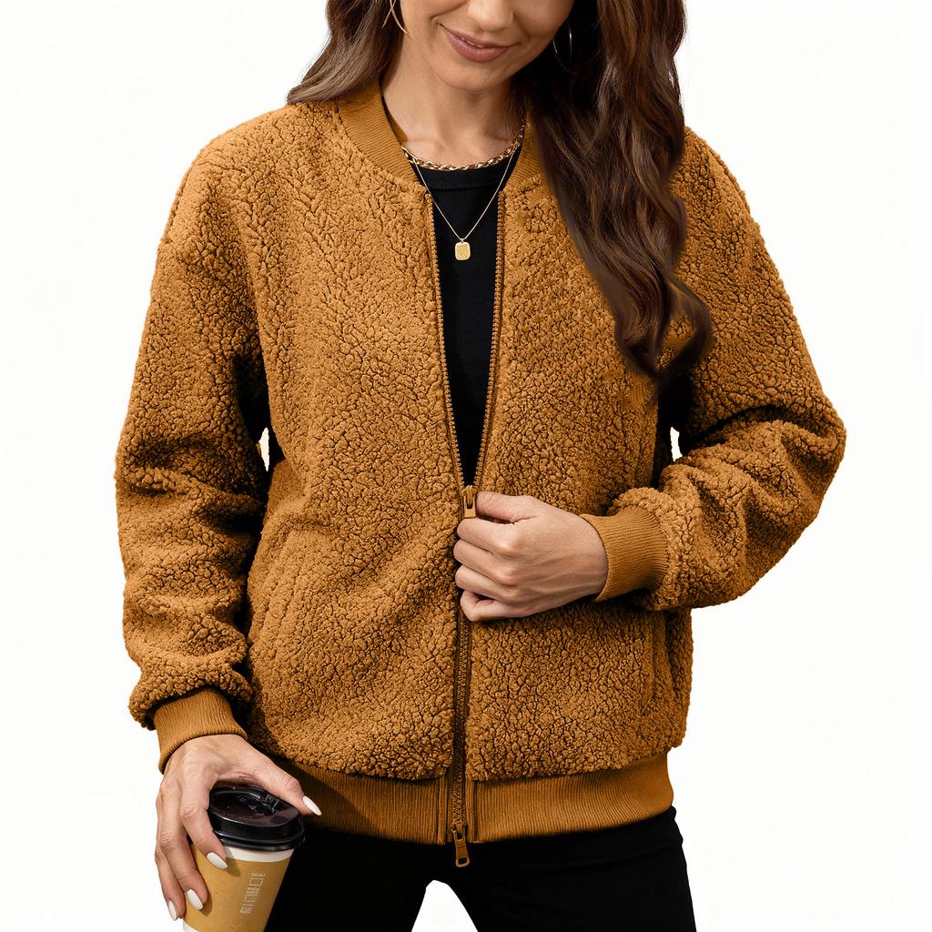 Damska Modna Ciepła Kurtka Ze Strzyżonego Futra z Zapinanym Na Zamek Jednokolorowa Odzież Wierzchnia