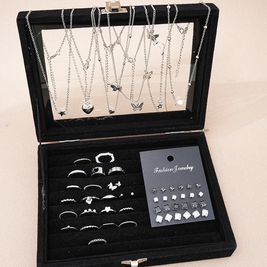 Set di Gioielli Chic Argento 51 Pezzi/Set Per Donna Moda Farfalla Cuore Perla Collane, Orecchini, Anelli, Abbinamento Abiti Quotidiani