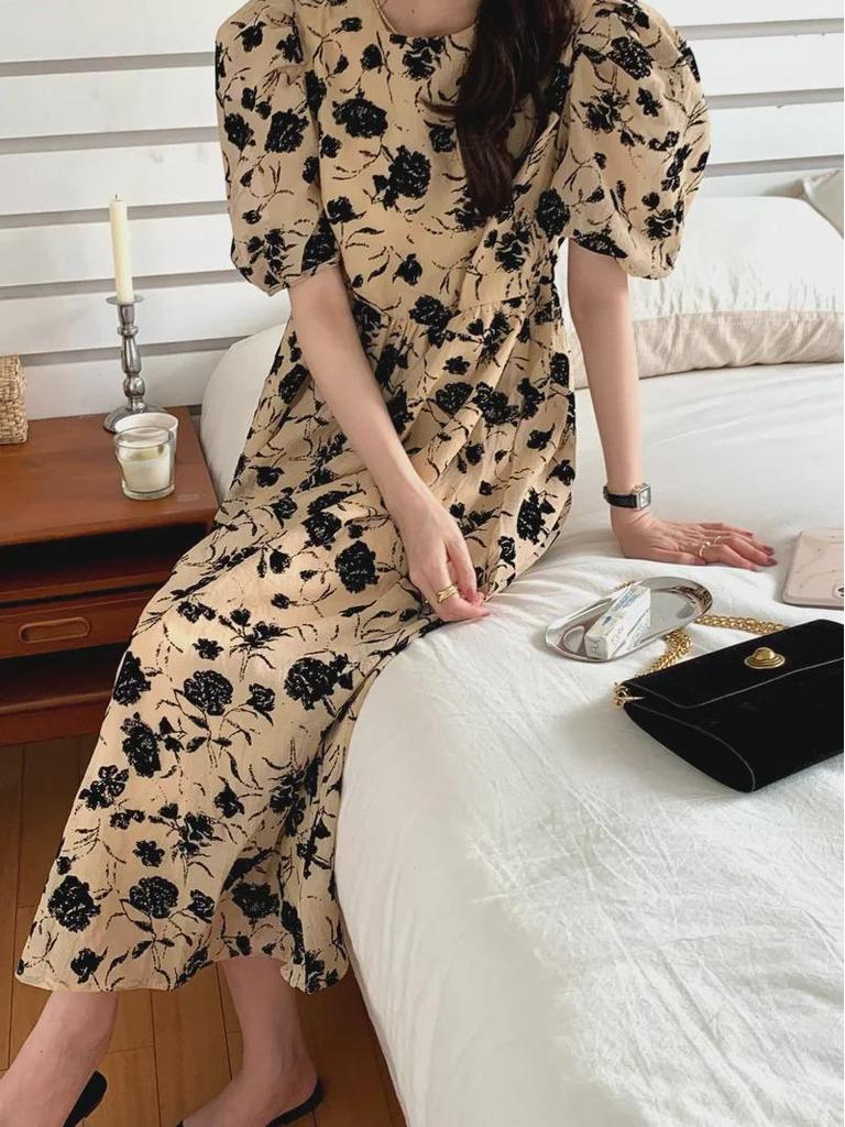 Korean Style Puff Sleeve Floral Midi Dress for Women