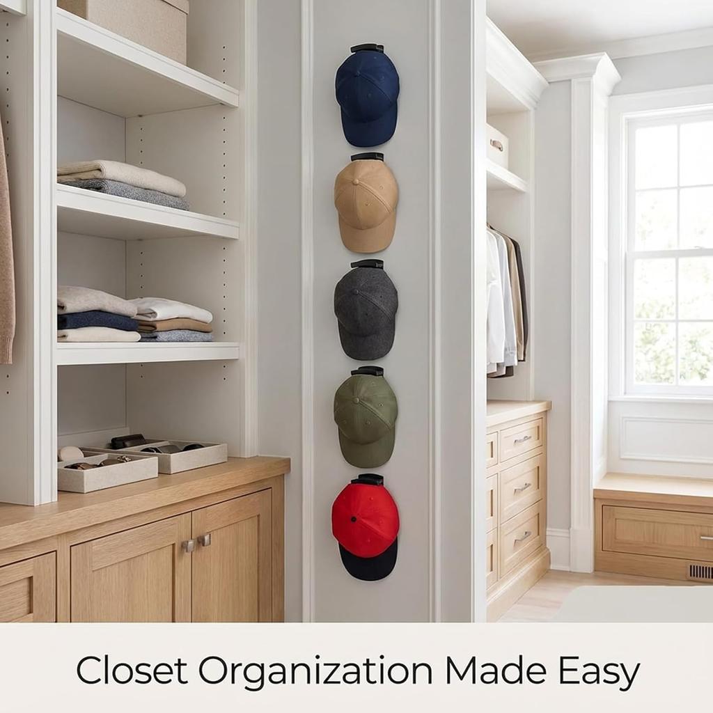 5-Pack Adhesive Hat Hooks for Wall - Minimalist Baseball Cap Organizer & Display Rack - No Drilling Sticky Hat Hangers for Door, Closet & Room Decor