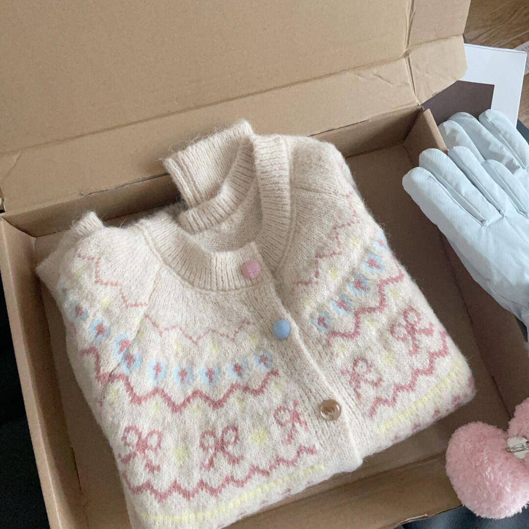 

Korean Color Block Jacquard Knit Cardigan: Women s Loose Fit Short Outerwear for Autumn/Winter S (suitable for 40-45 kg) бежевий