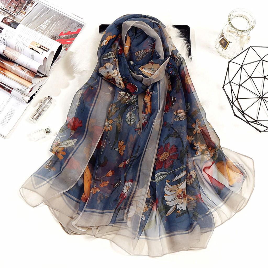 Fashion Women Flower Print Long Soft Wrap Scarf Simulation Silk Shawl Scarves