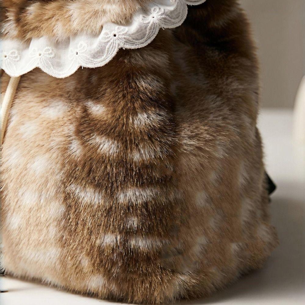 Deer Spot Fluffy Shoulder Bag Soft Plush Backpack Casual Drawstring School Bag Autumn Winter