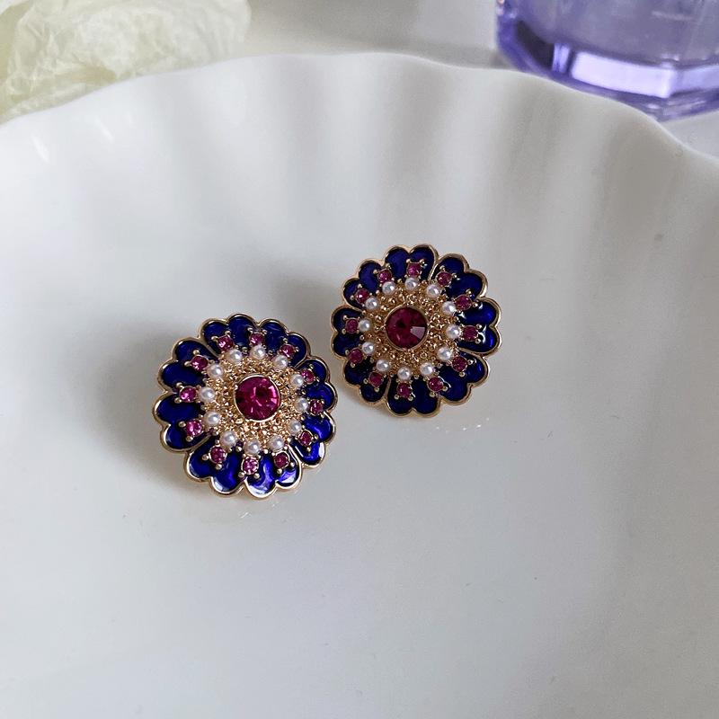 Retro Lila Blume Diamant Quastenohrringe - Silbernadelstecker für elegante Frauen