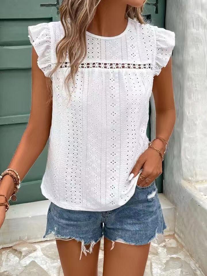 European-American Stylish Solid Lace Ruffle Sleeve Women's Summer Hollow Out Top