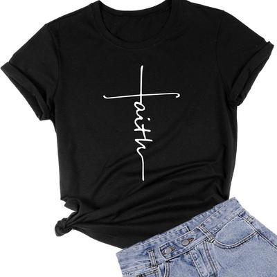 Baumwoll-T-Shirt mit „Faith“-Buchstabenaufdruck – Oberteil in europäischen/amerikanischen Größen für Damen – Rundhalsausschnitt, kurze Ärmel – Außenhandels-Spot-Design.