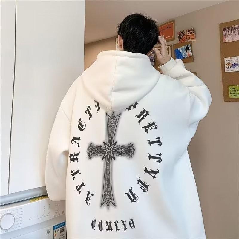 

M-8XL Hoodie Men s Large Hoodie Loose Fashion American Retro Cross Printed Long Sleeve Double Shirt M