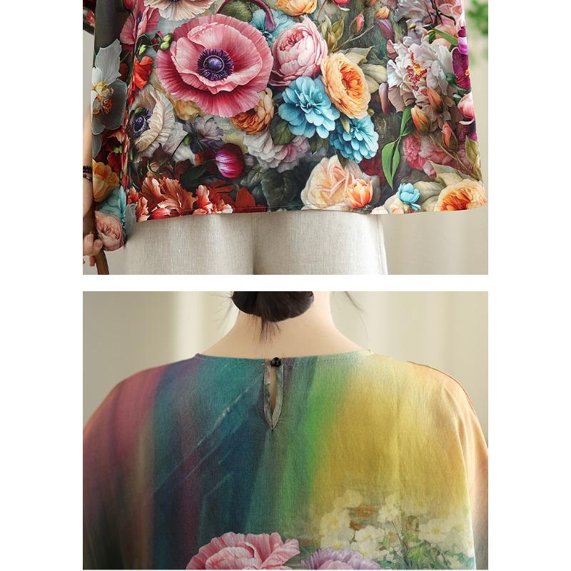 DIMANAF 2025 Summer Plus Size T-Shirt Women Flower Printing Short Sleeve Vintage New Loose Tops Tees Maxi