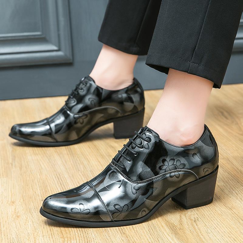 Large size pointed high heels men's shoes British style hair stylist glossy leather shoes European and American style casual business dress shoes