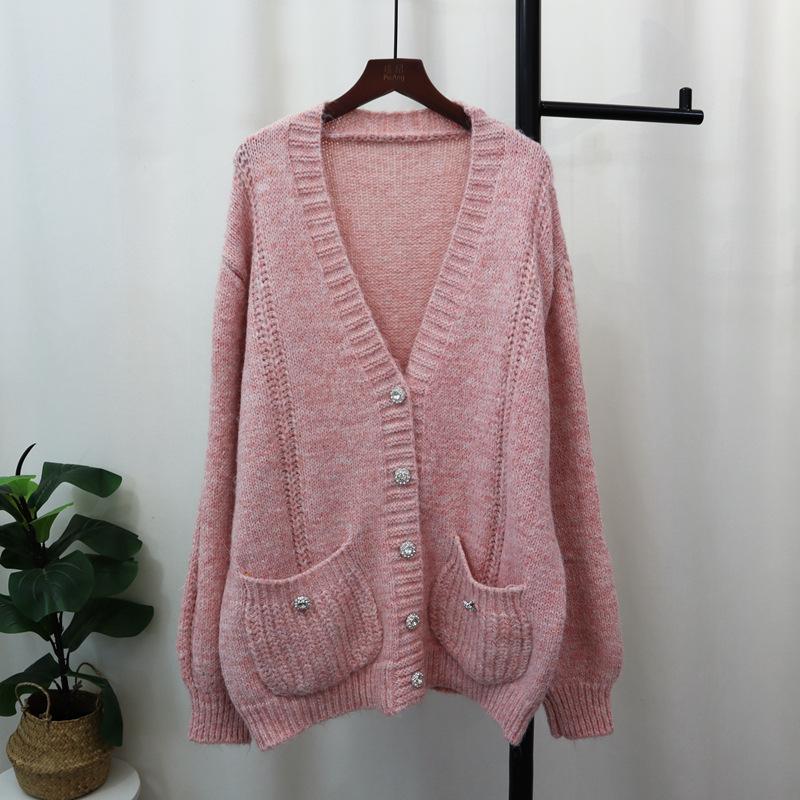 Medium and long V-neck knitted cardigan autumn and winter new loose lazy style temperament sweater jacket women