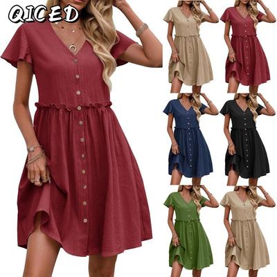 Vestidos Casuais de Manga Curta com Decote em V e Estampa Lisa para Verão e Primavera