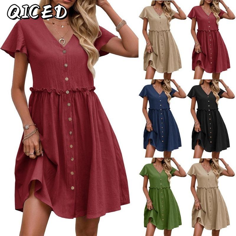 QICED Fashion Summer Spring Solid Color Print Short Sleeve V-Neck Casual Dresses