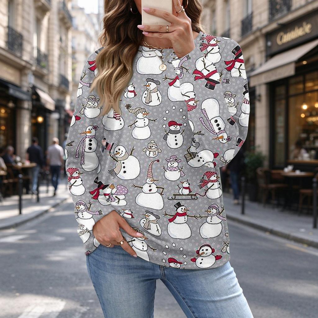 Women's Casual Polka Dot Christmas Print Top for Fall and Winter, Versatile Blouse