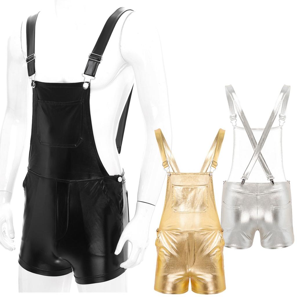 Mens Adult Shiny Metallic Adjustable Shoulder Straps Bib Overall Suspender Shorts Jumpsuit