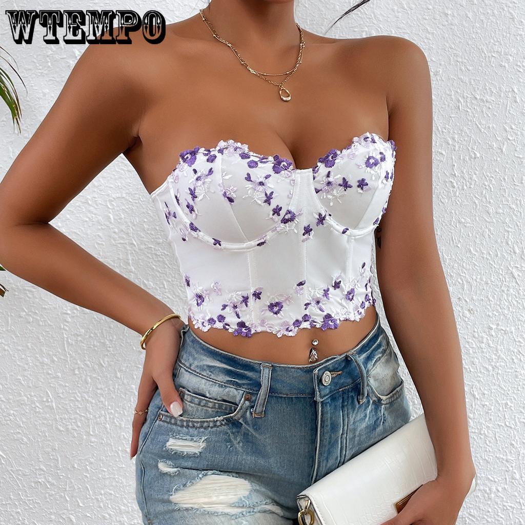 Lace Fragmented Flowers Embroidered Top Trend Have Cash Less  Navel Exposed Breastplate Undergarment Covering The Chest and Abdomen Tops