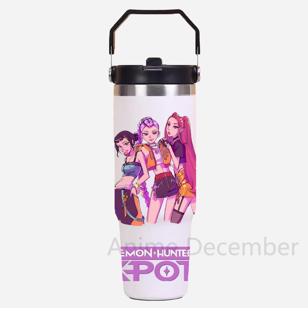 30Oz K-Pop Portable Car Cup Stainless Steel Thermos Cup with Straw Travel Sports Water Bottle with Handle Cover Coffee Vacuum Flask