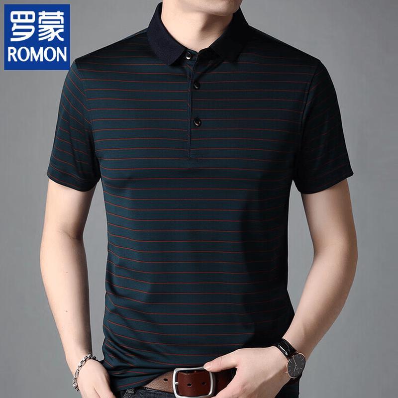 

ROMON Men s 100% Mulberry Silk Striped Polo Shirt 54
