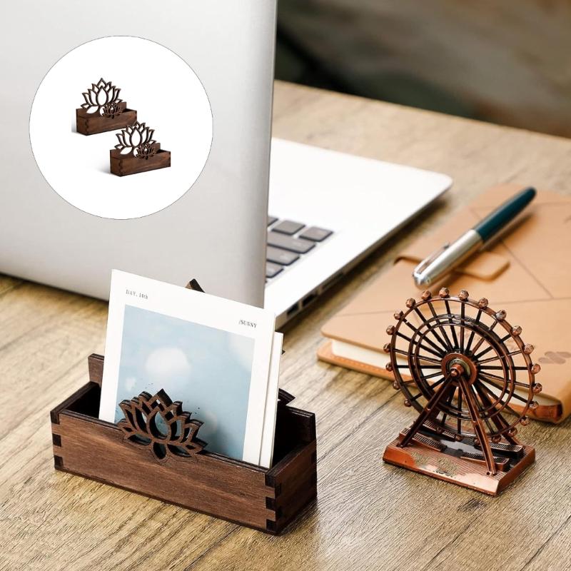 Hollowed Flower Wood Name Card Organiser Desk Business Card Storage Case For Corporate Meetings Office Desk Management