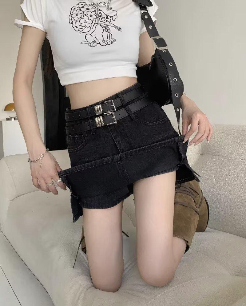 Spicy Girl High Waist Retro Slit Denim Skirt with Double Belt - Women's Summer A-line Mini Skirt