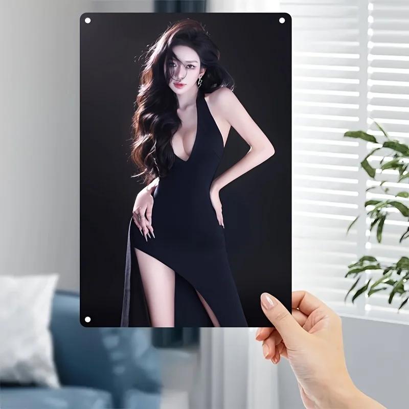 Vintage Metal Wall Art Sign Iron Poster Elegant Female Face Black Dress Heavy Duty Iron Plate Wall Decor 20x30cm