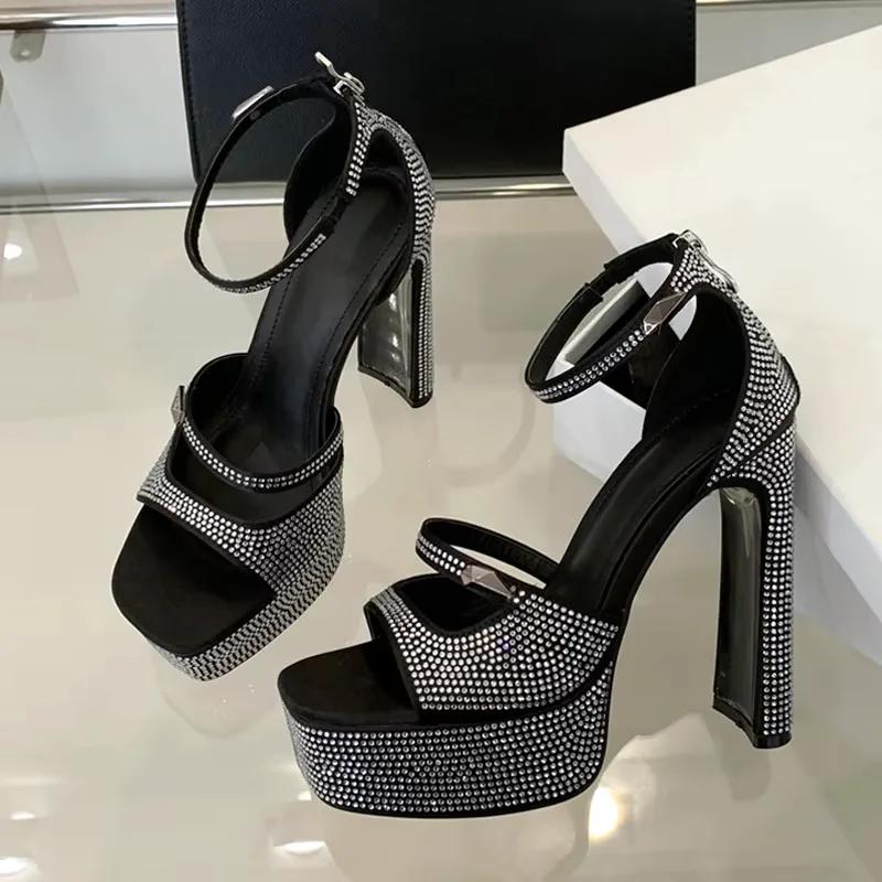 Luxury Designer Crystal Rhinestone Square High Heels Women Fashion Chunky Platform Sandals Summer Sexy Open Toe Party Prom Shoes