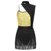 Womens Cutout Sleeveless Latin Dance Leotard Shiny Sequins Contrast Color Patchwork Fringed Bodysuit