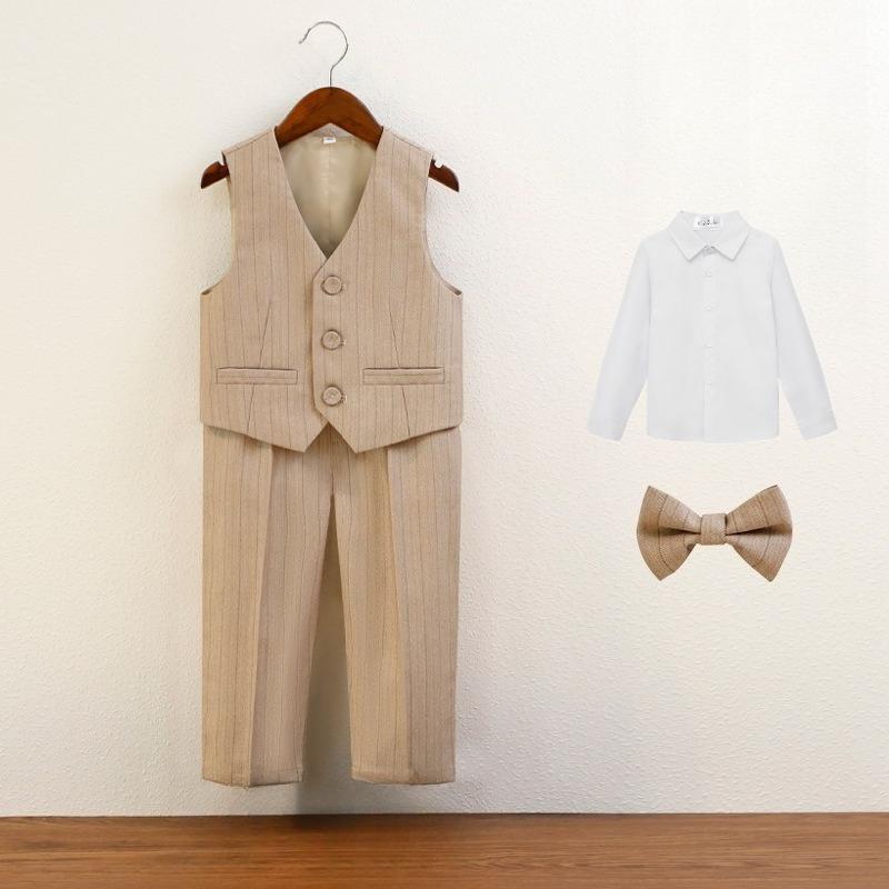 Boys Pinstripe Waistcoat 4 Piece Gentleman Suit White Shirt Bow Straight Pants Kids Wedding Flower Boy Birthday Photo Children Formal Outfit Set