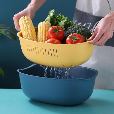 Double Layer Plastic Vegetable Washing Basin with Draining Basket for Kitchen - Thick, Durable, Customizable with Logo