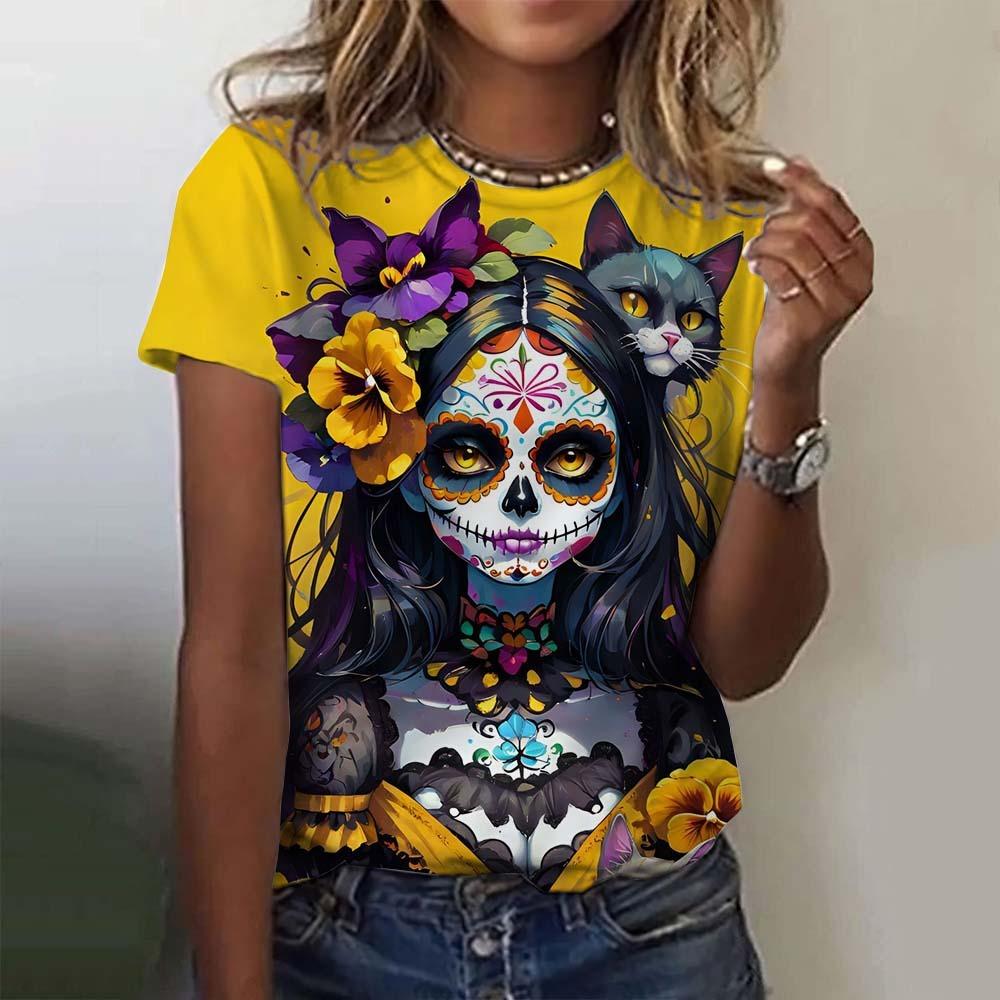 Fashion Women's T-shirt for Girls Summer Short Sleeve Sexy Girls Clothes Day of the Dead Undead Skull Pattern oversized T-shirts