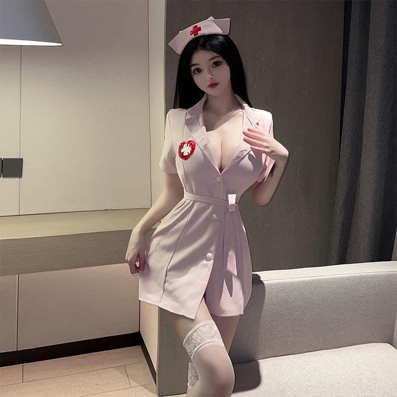 Passionate Nurse Role Play Lingerie – Deep V Nightgown for Flirty Bedtime Temptation