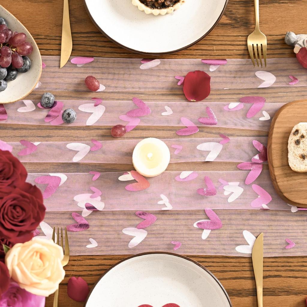 Artoid Mode Pink Heart Gauze Table Runner 120 Inch 10FT,Glitter Metallic Foil Valentine’s Day Sheer Dining Anniversary Wedding Table Decor for Home