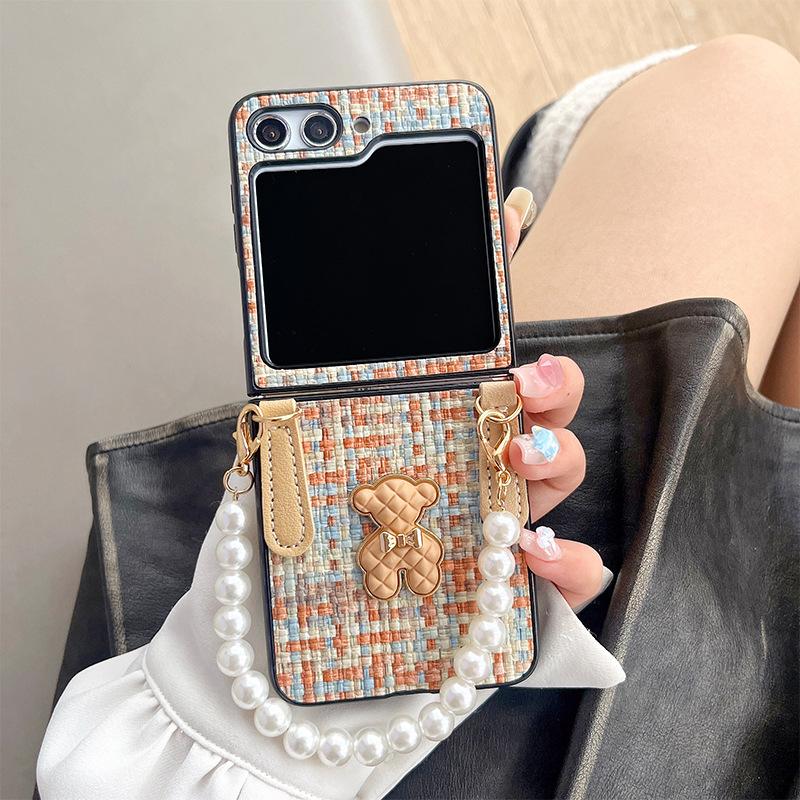 Suitable for Samsung Zflip5 Mobile Phone Case Woven Mickey Mouse Bear Huawei P50 Folding Screen Flip Cover Hand Chain