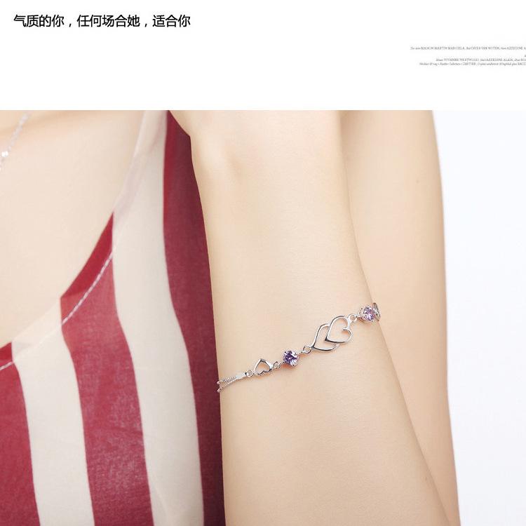 BELLA BOX Korean Fashion White Copper Plated Silver Bracelet Heart To Heart Amethyst Silver Hand Decoration For Women