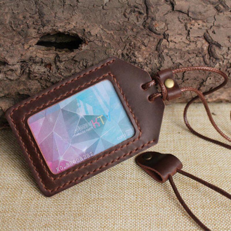 NEW Soft Leather Cowhide ID Badge Holder Name Tag Case with Neck Strap Chest Card Work Pass Meal Card Bus Card Holders Keychain School Office Supplies