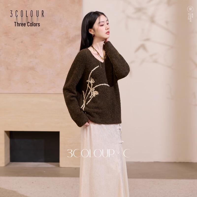Sancai Amber Frost New Chinese Style Embroidered V-Neck Knit Sweater