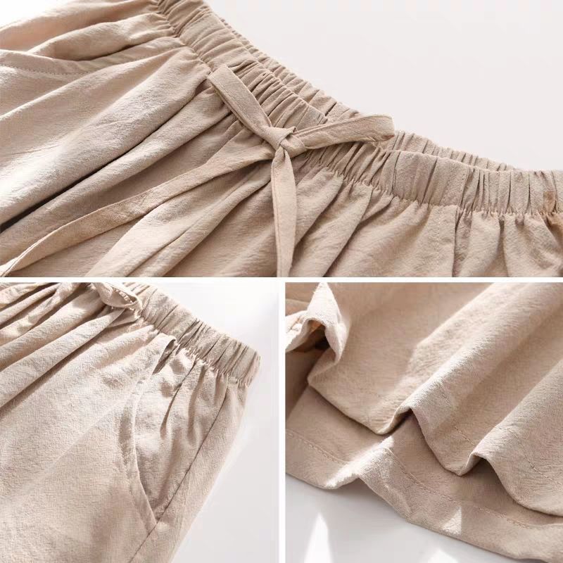 Women's Summer Cotton Linen Trousers Solid Color Elastic Waist Wide-leg Short Pants