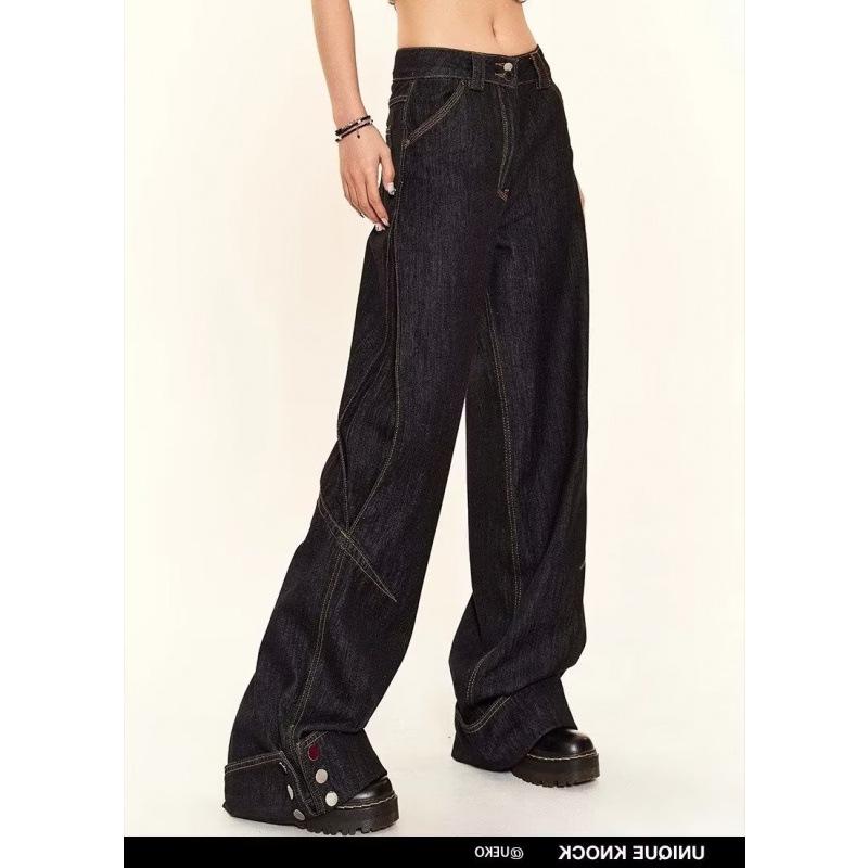

2024 Unisex Washed Black Retro High-Waist Loose Wide-Leg Mopping Jeans L