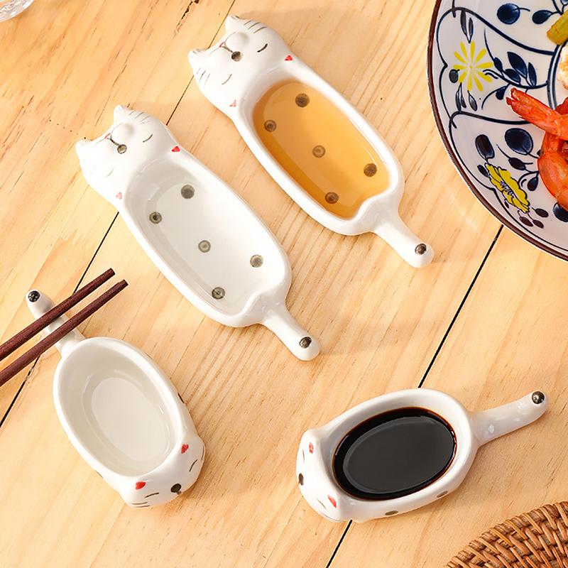 Cute Cat Ceramic Small Dish Mini Mustard Pesto Tomato Ketchup Soy Sauce Dish Seasoning Plates With Handle For Home Restaurant
