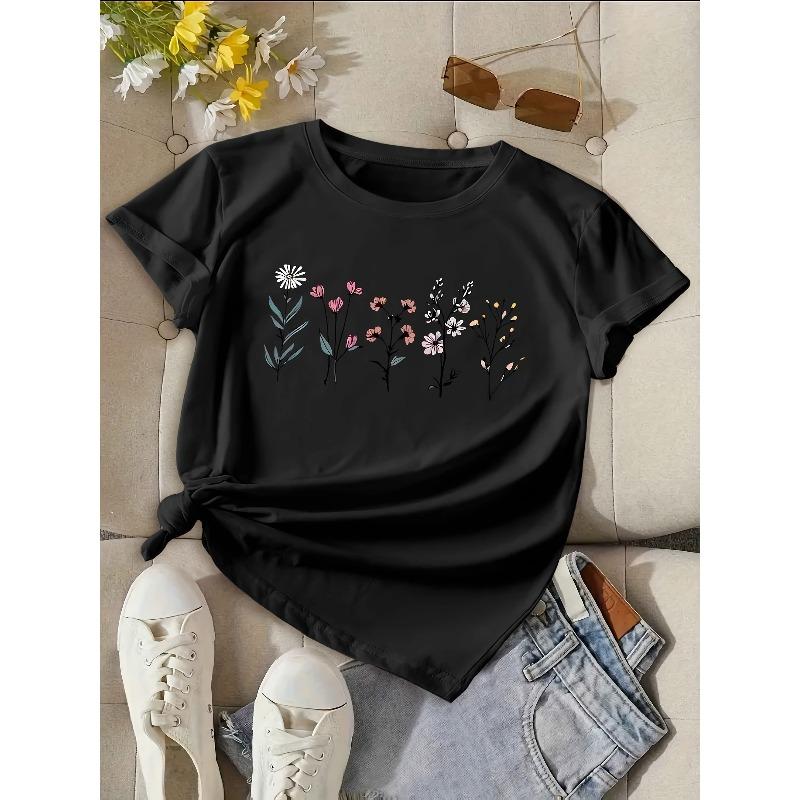 

European sizes Women S Casual Floral Print T-Shirt - Soft Stretch Fabric, Short Sleeve Crew Neck, Light Pink with Colorful Floral Design 4XL