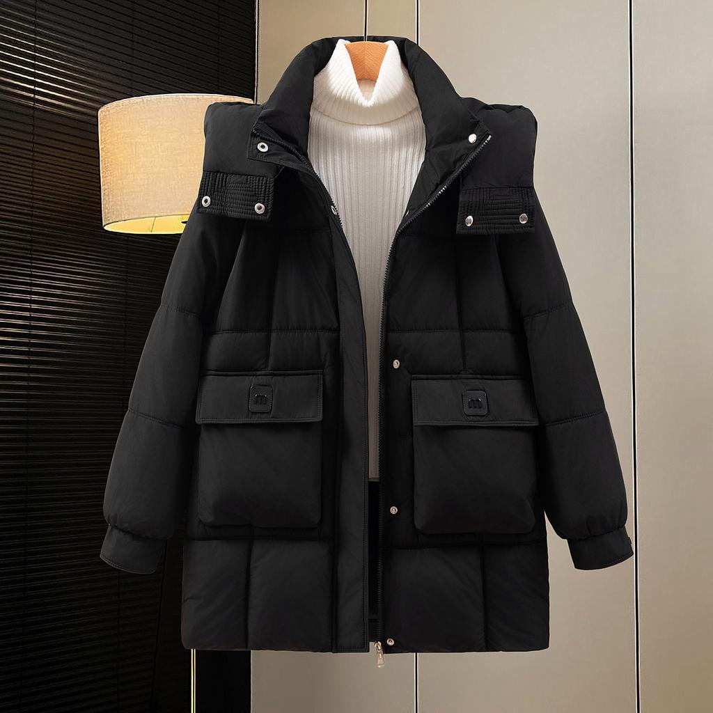 Mid-length Cotton Coat Women's Loose Removable Hat Cotton Coat New Winter Solid Color Warm Women's Jacket