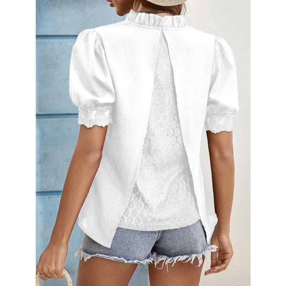 Women's Short-sleeved Tops Summer New Fashion T-shirt Versatile V-neck Shirt Lantern Sleeve Splicing Lace Blouse