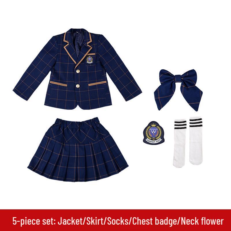 Plaid British Style Girls' Uniform Set for Kindergarten & Elementary School