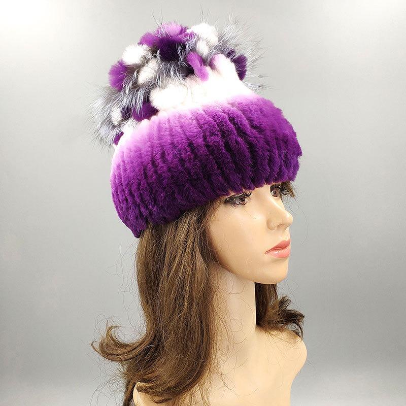 New Rex Rabbit Hair Hat Women's Winter Thickened Warm Fashion Versatile Elastic Fur Woven Hand-sewn Knitted Hat