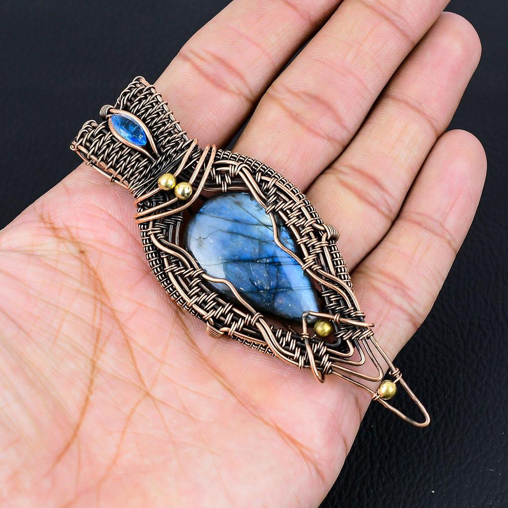 Labradorit-Edelstein, reiner Kupferdraht, umwickelt, handgefertigter Anhänger-Schmuck