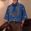 INCERUN Men Lapel Neck Short Sleeve Floral Print Striped Patchwork Casual Summer Shirts Tops