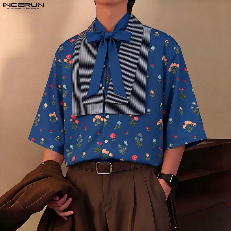 INCERUN Men Lapel Neck Short Sleeve Floral Print Striped Patchwork Casual Summer Shirts Tops