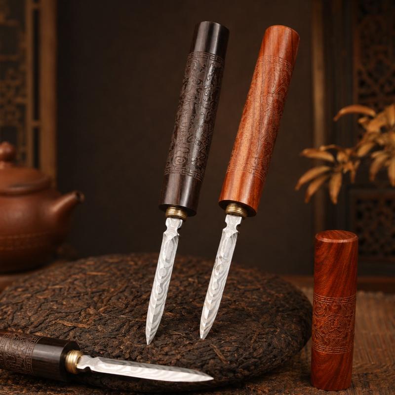 Damascus Steel Tea Knife Ebony Carving Handle Tea Needle Pu'er Tea Cake Brick Prying Tool Tea Set Accessories
