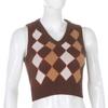 Damen-Pullover, lässig, kariert, gestrickt, Tank-Top, Strickwaren, Preppy-Stil, V-Ausschnitt, Weste