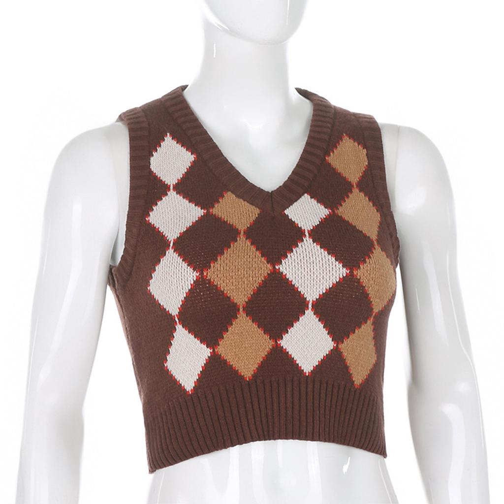 Damen-Pullover, lässig, kariert, gestrickt, Tank-Top, Strickwaren, Preppy-Stil, V-Ausschnitt, Weste
